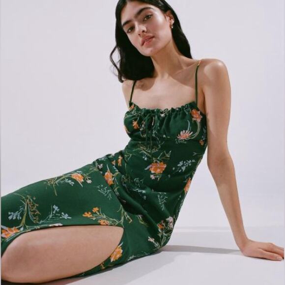 Urban Outfitters April Tie-Back Floral Green Midi Dress Women's Medium - Picture 1 of 8